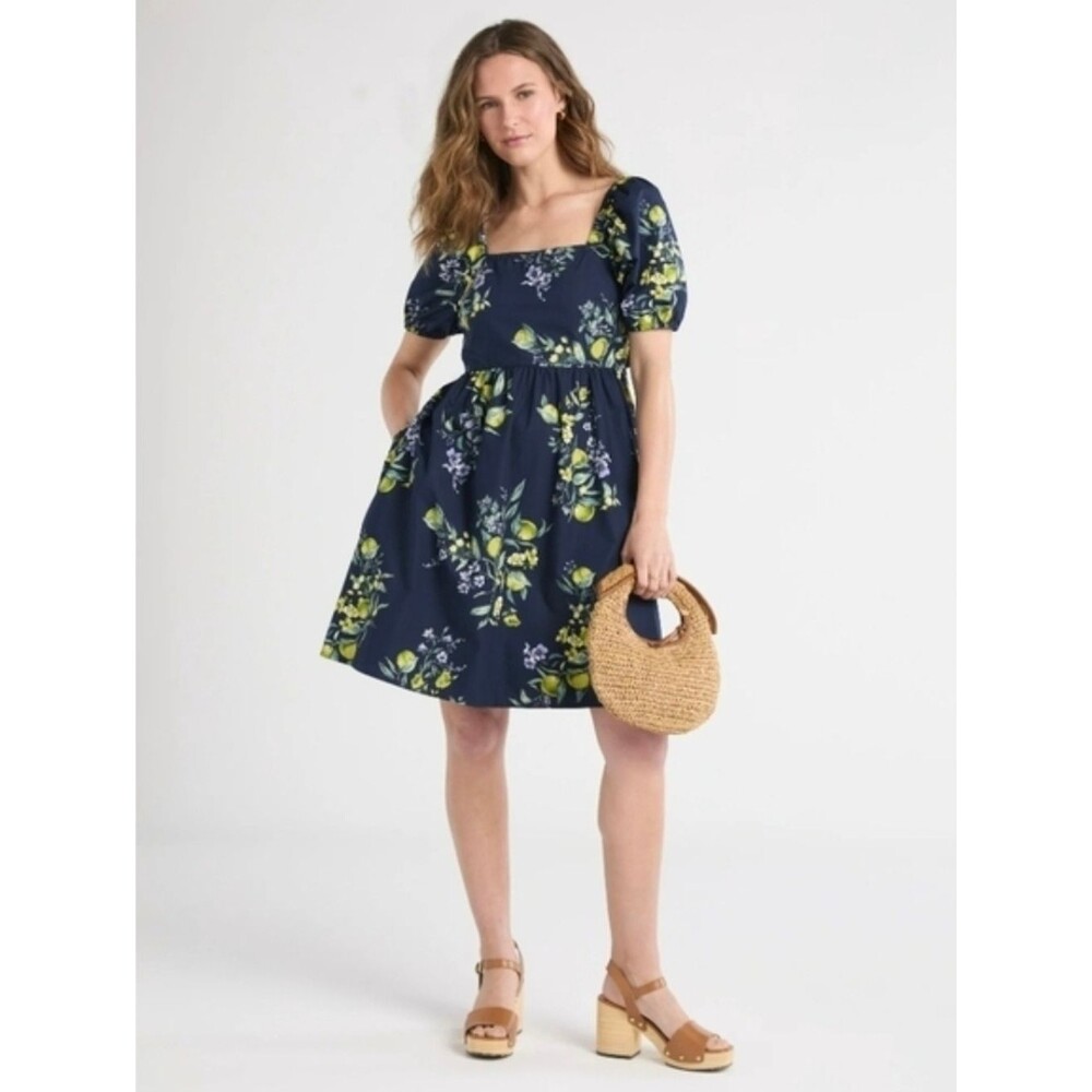 Time & Tru Navy & Green Lime Floral Print Puff Sleeve Back Tie Mini Dress Size M